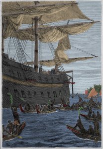 Reise von Samuel Wallis (1728-1795) nach Polynesien: Eingeborene halten Bananenblätter in der Hand als Willkommensgruß - Illustration aus „Die großen Seefahrer des 18. Jahrhunderts“ von French School
