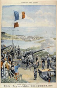 Reise des Präsidenten der Republik nach Tunesien: nach Bizerte, Schießen auf See von der Batterie von El-Ench in Anwesenheit von Herrn Loubet - in „Le Petit Parisien“ vom 03.05.1903 von French School