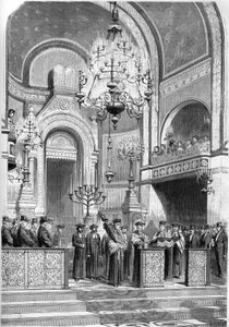Judentum: feierliche Aufnahme des Großrabbiners von Paris, Zadoc Kahn (1839-1905), in der Synagoge der Rue Notre Dame de Nazareth am 13. Januar 1869. Der Großrabbiner intoniert das „Gebet für den Kaiser“. Gravur in „Le Monde Illustré“ Nr. 615 vom 23. Janua von French School