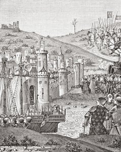 König Karl VII. verlässt Rouen und macht sich auf, die Stadt Harfleur zu belagern, nach einer Miniatur aus dem Manuskript Chroniques de Monstrelet aus dem 15. Jahrhundert, aus Wissenschaft und Literatur im Mittelalter von Paul Lacroix, London 1878 von French School