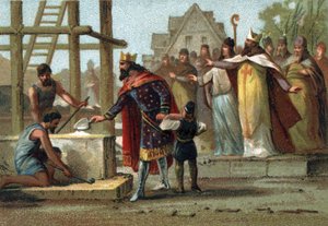 König Dagobert I. (600-639) überwacht den Bau der Kathedrale Saint Denis. von French School