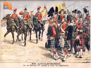 König Edward VII. inspiziert Highland-Truppen. In England. König Edward VII. (1841-1910) inspiziert die Highlander. Illustration für Le Petit Journal, 8. Oktober 1905.