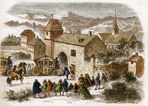 König Ludwig XIV. (1638-1715) besucht Melle de Fontanges (1661-1681) in Port Royal um 1680. Gravur in „Die Geschichte der Prostitution und Ausschweifung unter allen Völkern der Welt von der Antike bis zur Gegenwart“ von Dr. Th. -F. Debray. 1879