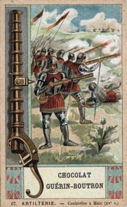 Ritter, der eine Handkulevrine aus dem 15. Jahrhundert manövriert. Chromolithographie des 19. Jahrhunderts von Guérin-Boutron Schokoladen