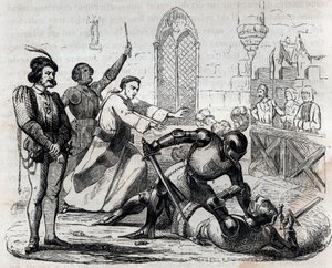 Der Fall Carrouges 29. Dezember 1386 - letzter gerichtlicher Zweikampf - Duell zwischen Jacques le Gris (1330-1386) und Jean de Carrouges - Gravur in 
