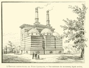 Das Krematoriumsgebäude von Père-Lachaise, Außenansicht des Denkmals, Rückfassade