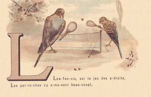 L: Lawn-Tennis ist das Spiel der Klugen; Sittiche haben viel Spaß!