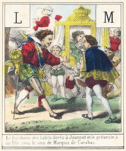 Der König gibt Jeannot goldene Kleider und stellt ihn seiner Tochter als Marquis de Carabas vor von French School