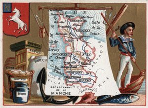 La Manche (50), Basse-Normandie, Frankreich. Lokale Spezialität: Pfirsich und Austern, Cidre und Papier. Serie über die französischen Departements. Chromolithographie „der geografische Faden“, um 1920. Private Sammlung.