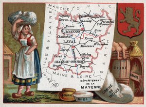 La Mayenne (53), Pays de la Loire, Frankreich. Bauer, Butter, Honig, Kleesamen, Cidre und Brandy. Serie über die französischen Departements. Chromolithographie "Der geografische Faden", ca. 1920. Private Sammlung