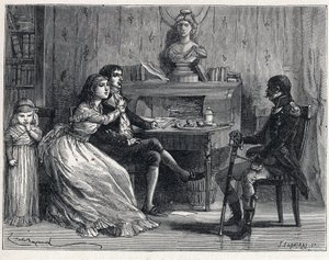 Der Terror während der Französischen Revolution: Camille Desmoulins (1760-1794), inhaftiert, erhält Besuch von seiner Frau Lucile (1770-1794) und dem Marschall Guillaume Brune (1763-1815) von French School