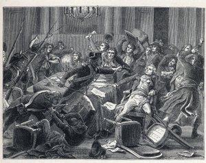 Der Terror während der Französischen Revolution: Verhaftung von Maximilien de Robespierre (1758-1794) und seinen Anhängern im Hôtel de Ville de Paris am 9. Thermidor Jahr II (27. Juli 1794). In der Mitte schießt ein Gendarm mit einer Pistole auf Robespierr von French School