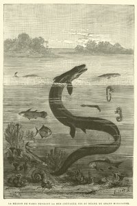 Die Region von Paris während der Kreidezeit, Ende der Herrschaft des großen Mosasaurus (Gravur) von French School