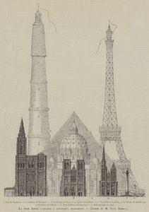 Der Eiffelturm im Vergleich zu verschiedenen Denkmälern (Gravur) von French School
