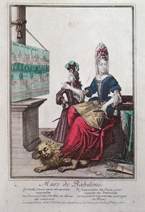 Dame zeigt ein Bild von Semiramis und den Hängenden Gärten von Babylon von French School