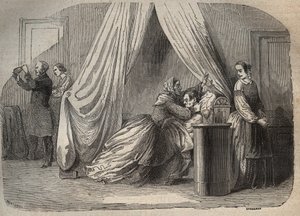 Die letzten Momente von Charles Lafarge (1811-1840), Ehemann von Marie Fortunée Capelle, Marie Lafarge (Madame) (1816-1852) französische Kriminelle - Gravur in „Causes célèbres de tous les peuples“ von Armand Fouquier (1817-18?) 1858-1867 - private Sammlun von French School