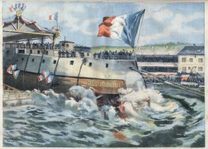 Stapellauf des Panzerschiffs République in Brest, Frankreich. Gravur in Le Petit Parisien von French School