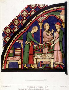 Der Stoffhändler, Detail aus den Fenstern der Kathedrale von Chartres (Faksimile eines Glasfensters aus dem 13. Jahrhundert) von French School