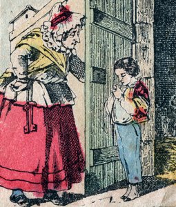 Le Père Fouettard, französische Figur des Peitschenvaters, legendäre Figur des Folklore, die unartige Kinder bestraft: seine Frau, La Mère Fouettard, die Peitschenmutter, die reuige Kinder liefert - Epinal-Bild von French School