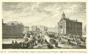 Pont-Neuf im 18. Jahrhundert, nach einem zeitgenössischen Gemälde von Raguenet, im Besitz der Bäder von Samaritaine von French School