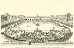 Das große Karussell im Jahr 1662 auf dem Gelände des Parterres von Mademoiselle, heutiger Place du Carrousel von French School