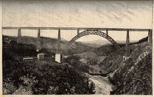 Le Viaduc de Garabit - Cantal - Auvergne-Rhône-Alpes - Gravur in „PATRIE - DESCRIPTION PACUREQUIREQUE DE LA FRANCE EN 6 VOLUMES BY LUCIEN HUARD“ - Ende 19. Jahrhundert