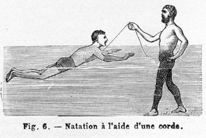 Schwimmen lernen mit einer Schnur, veröffentlicht 1885, Gravur, 1885 von French School