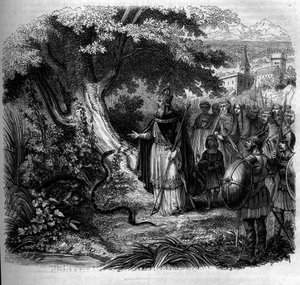 Legende von Karl dem Großen und der Schlange: Der Kaiser vor dem Nest der Schlange, das von einer Kröte bewohnt wird. Gravur von 1852. von French School