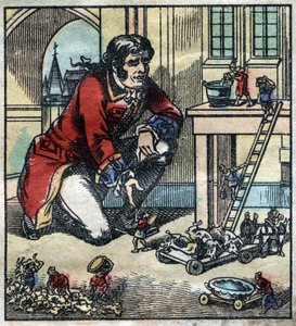 Lemuel Gulliver, Berater der Armee von Lilliput. Illustration für „Gullivers Reisen“ von Jonathan Swift (1667-1745). Epinal-Bild Ende des 19. Jahrhunderts. von French School