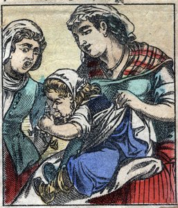 Lemuel Gulliver im Land der Riesen von Brobdingnag. Illustration für „Gullivers Reisen“ von Jonathan Swift (1667-1745). Epinal-Bild Ende des 19. Jahrhunderts. von French School