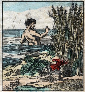 Lemuel Gulliver versteckt sich vor einem Riesen in Brobdingnag. Illustration für "Gullivers Reisen" von Jonathan Swift (1667-1745). Epinal-Bildgebung Ende des 19. Jahrhunderts.
