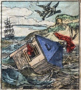 Lemuel Gulliver ist in seinem Haus im Land der Riesen von Brobdingnag. Illustration für „Gullivers Reisen“ von Jonathan Swift (1667-1745). Epinal Imaging Ende des 19. Jahrhunderts. von French School