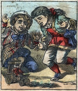 Lemuel Gulliver wird von den riesigen Kindern von Brobdingnag als Spielzeug benutzt. Illustration für „Gullivers Reisen“ von Jonathan Swift (1667-1745). Epinal-Bild Ende des 19. Jahrhunderts von French School