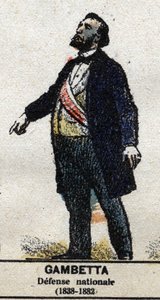 Léon Gambetta (1838-1882), französischer Politiker. In „Galerie der Könige und Königinnen von Frankreich und berühmter Persönlichkeiten von 1643 bis 1895“ Bild von Epinal.