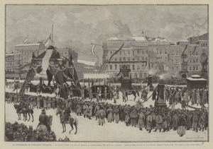 Die Beerdigung von Kaiser Wilhelm, Der Zug unter dem Triumphbogen der Friedrichstraße, Promenade des Tilleuls (Gravur) von French School