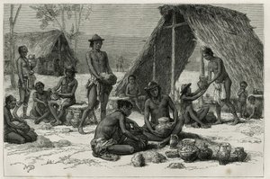 Die Galibi-Indianer (oder Kalinas) beim Töpfern, Gravur von D. Maillart zur Illustration der Erkundungsreise im Inneren von Guayana durch Dr. Jules Crevaux, Arzt der französischen Marine, in den Jahren 1876-1877, veröffentlicht in Le Tour du monde, unter d von French School