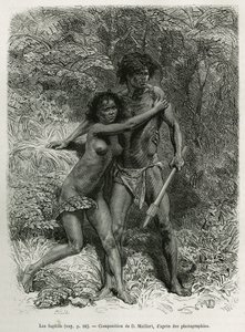 Die flüchtigen Aborigines, Gravur nach einer Zeichnung von D. Maillart, zur Illustration der Geschichte sechs Monate in Australien, von Désiré Charnay, einer Mission des Ministeriums für öffentliche Bildung, 1878, veröffentlicht in der Tour du monde, unter von French School