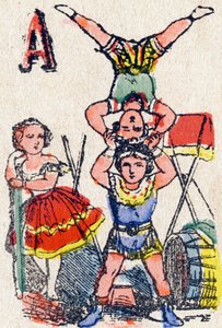 Buchstabe A Akrobaten. Gravur in "Alphabet des jeux" von French School