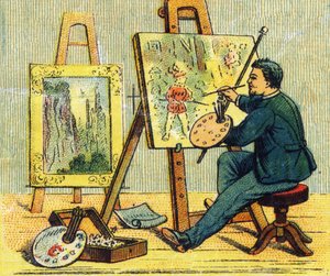 Buchstabe A: Maler in seinem Atelier. Gravur in "ABC indechirable auf lackierter Leinwand". A. Capendu, Herausgeber, Paris, spätes 19. Jahrhundert. Kinderbuchhandlung illustriert. 8 Seiten. Maße: 21,5x18cm von French School