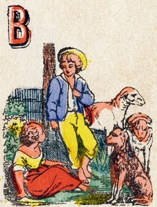 Buchstabe B Schäfer. Gravur in "Alphabet des jeux" von French School