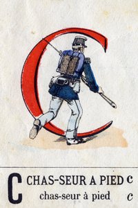 Buchstabe C als Fußjäger. Militäralphabet (ABC oder Abecedarium). Bildmaterial von Epinal, ca. 1870-1880. Schablonenfarbige Holzschnitte. Private Sammlung. von French School