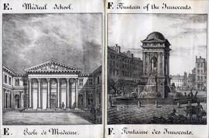 Buchstabe E und F: Medizinische Fakultät und der Brunnen der Unschuldigen - „Alphabet Picturesque des Monumens de Paris“ um 1840 (Gravur) von French School