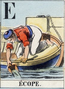 Buchstabe E wie Ecope. Marinealphabet. Epinal-Bild, Ende des 19. Jahrhunderts. Schablonierte Holzgravur