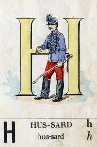 Buchstabe H als Husar. Militäralphabet. Bildmaterial von Epinal, ca. 1870-1880. Schablonenfarbige Holzschnitte. von French School