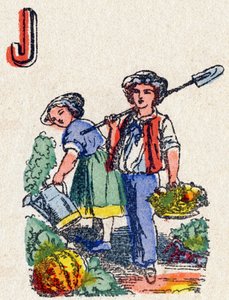 Buchstabe J Gärtner. Gravur in "Alphabet des jeux" von French School