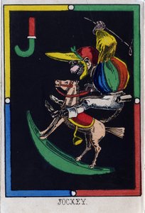 Buchstabe J wie Jockey (Affe auf einem Schaukelpferd). Affenalphabet. Holzgravur. Bild von Epinal