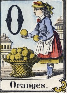 Buchstabe O: Orangen. Unterhaltsames Alphabet. Epinaler Bildgebung. Schablonierte Holzschnitte, um 1880. Kleines Heft mit 16 Seiten von French School