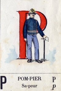 Buchstabe P als Feuerwehrmann. Militäralphabet. Bild von Epinal, ca. 1870-1880. Schablonenfarbige Holzschnitte von French School