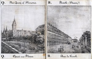 Buchstabe Q und A: Der Blumendock und die Rue de Rivoli - „Alphabet Picturesque des Monumens de Paris“ ca. 1840 (Gravur) von French School