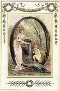 Buchstabe Q, der eine Mutter und ihren Sohn darstellt, die Wasser aus der Quelle trinken, späte 19. Jahrhundert (Chromolithographie) von French School